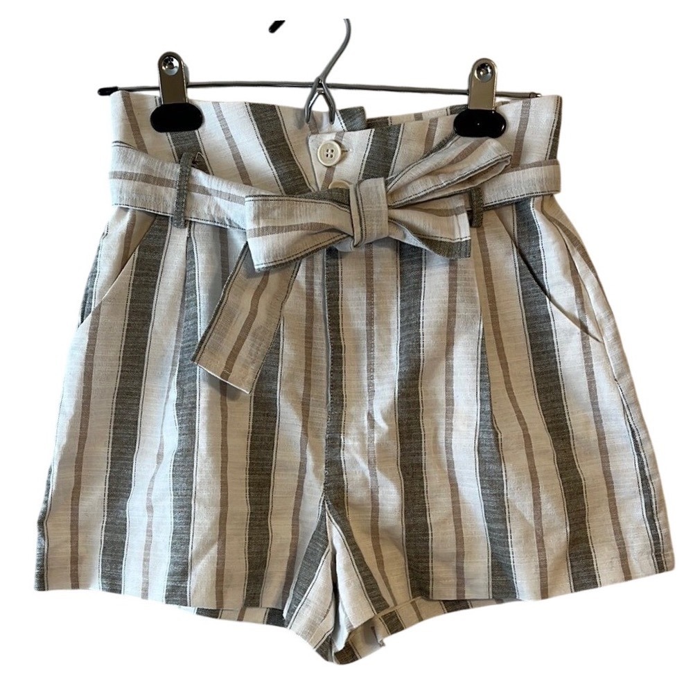 Cotton Linen Blend Striped High-Waisted Tie Paper Bag‎ Shorts Aqua Women's XS